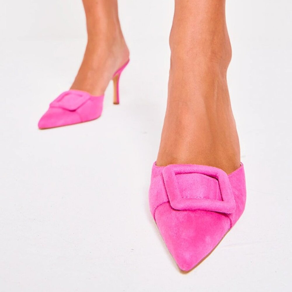 Gianni Bini Pink Suede Pointed Toe Buckle Heeled Mules – Women’s 6.5